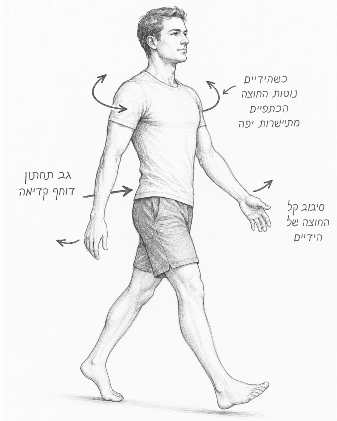 איור הליכה נכונה: כשהידיים נטות החוצה הכתפיים מתיישרות, גב תחתון דוחף קדימה, וסיבוב קל החוצה של הידיים