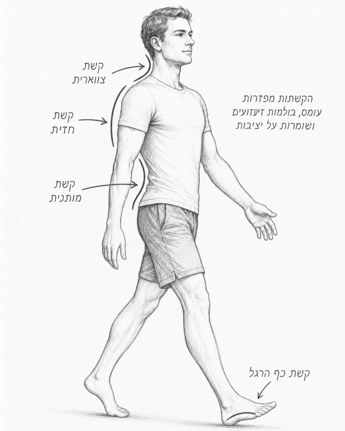 איור הקשתות בגוף: קשת צווארית, קשת חזית, קשת מותנית וקשת כף הרגל - הקשתות מפזרות עומס, בולמות זעזועים ושומרות על יציבות